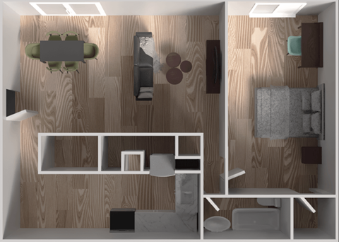 A top-down view of a room with a couch, a chair, a table, and a TV.